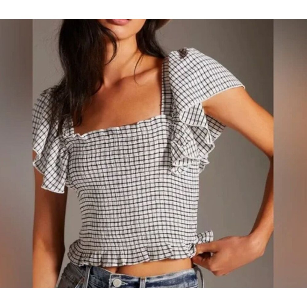 Maeve by Anthropologie Women's Crinkle Gingham Smocked Top Black White Large